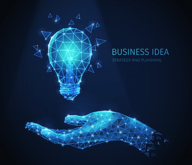 Polygonal wireframe business strategy composition with glittering images of human hand and incandescent lamp with text