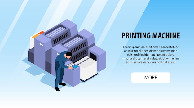 Polygraphy horizontal banner for advertising and more information about printing machines isometric