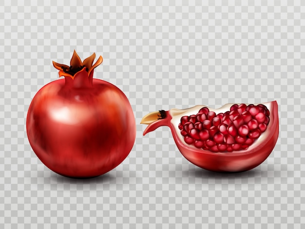 Free vector pomegranate whole and slice with seeds isolated