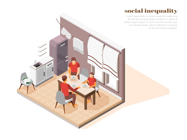 Free Vector poor hungry family eating very small dinner isometric composition 