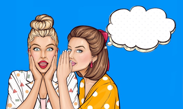 Free Vector pop art beautiful girl share gossips or secrets to the ear