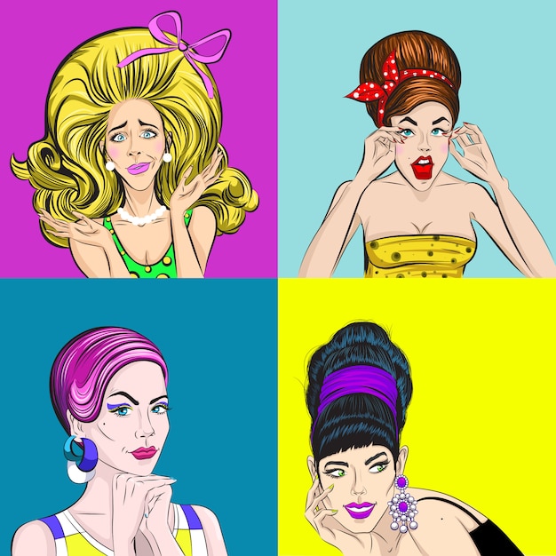 Free Vector pop art beautiful women square concept