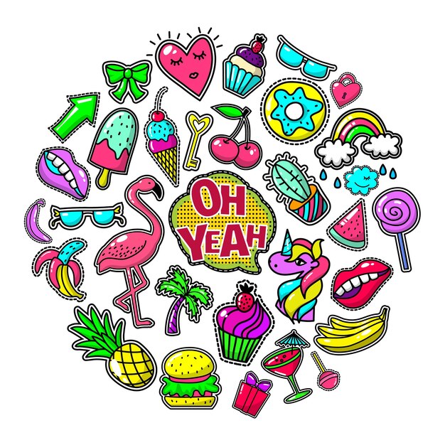 Pop art colorful patches round concept illustration