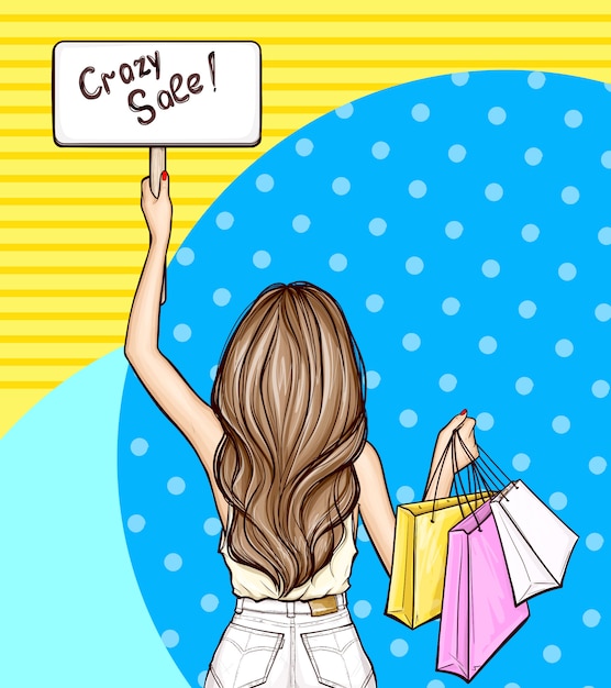 Free Vector pop art girl holds sign and shopping bags