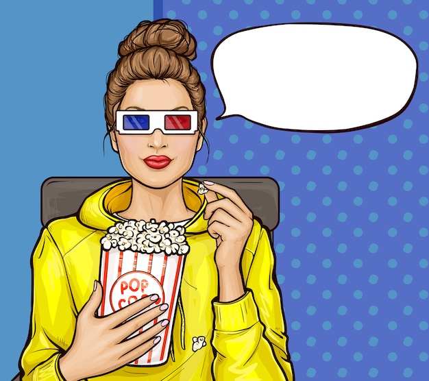 Pop art girl with popcorn watching 3D movie