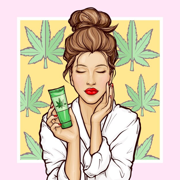 Pop art girl with tube cosmetic of cannabis