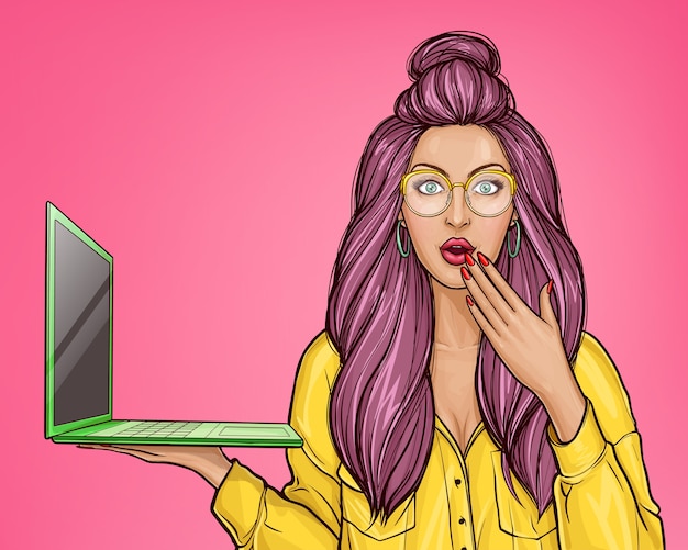 Free Vector pop art illustration of a amazed young girl holds an open laptop in her hand.