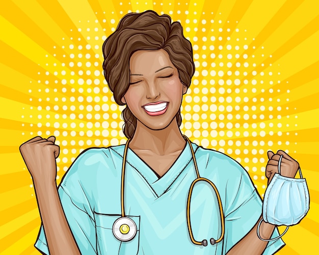 Free Vector pop art  illustration of the doctor is happy, virus defeated. young african american woman took off a medical mask, end of epidemic. the invention of medicine, vaccines, cure of the disease.