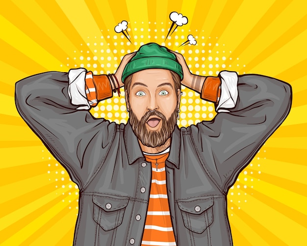 Free Vector pop art illustration of surprised, shocked or perplexed hipster man with hands on head, wide opens his mouth, eyes.