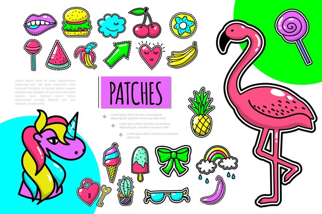 Pop art patches composition with flamingo unicorn fruits bow rainbow eyeglasses key burger cherry donut mouth lollipop  illustration,