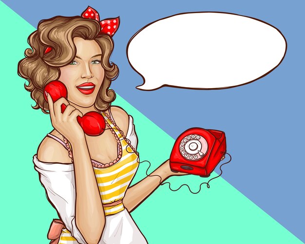 Pop art woman housewife call retro phone banner