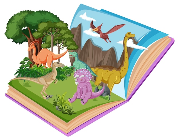 Pop up book with outdoor nature scene and dinosaur