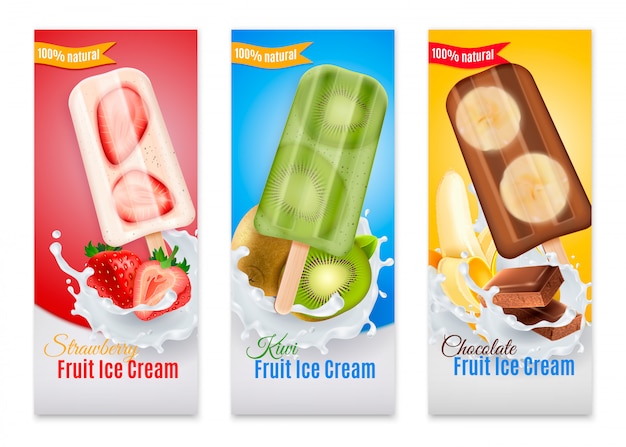 Free Vector popsicles realistic banners with advertising of strawberry kiwi and chocolate fruit ice cream isolated illustration