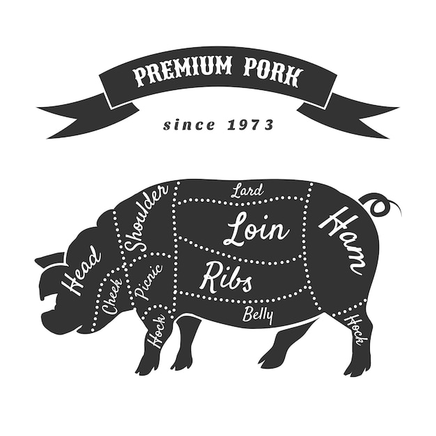 Free Vector pork cuts for butcher shop poster.