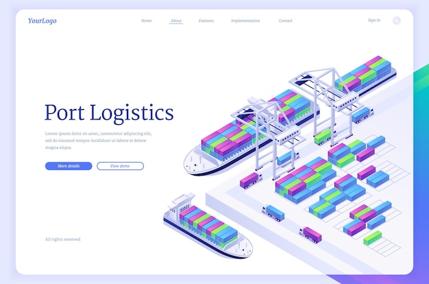 Free Vector port logistics isometric landing page, ship freight transportation, delivery service company, cargo and goods export, import over world, industrial logistic distribution business 3d vector web banner