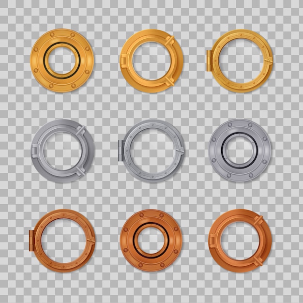 Free vector porthole realistic transparent colored icon set silver gold and bronze in round shape