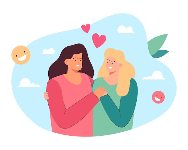 Free Vector portrait with hearts of happy lesbian couple on dating. female homosexual characters hugging on date, two women standing together flat vector illustration. love, intimacy, lgbt relationship concept