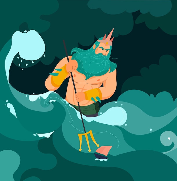 Free vector poseidon greek god of sea with trident cartoon illustration