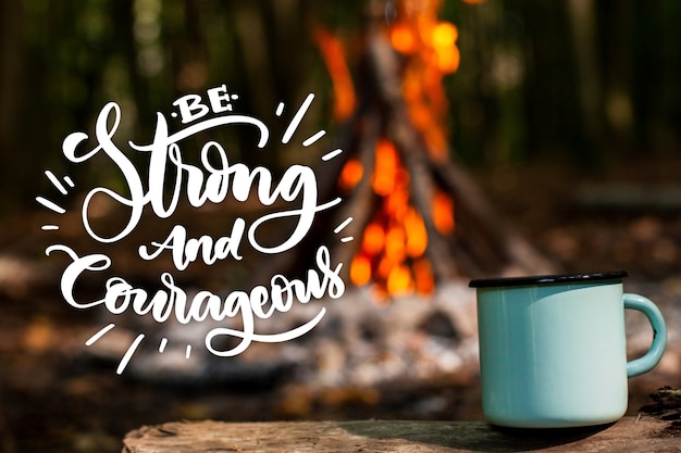 Free Vector positive lettering with photo of campfire and mug