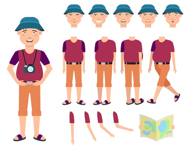 Free Vector positive male tourist with photographic camera character set