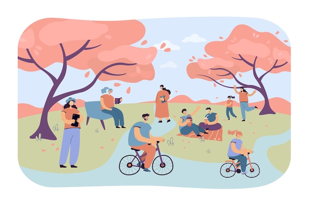 Free Vector positive people sitting in city park with cherry trees isolated flat illustration