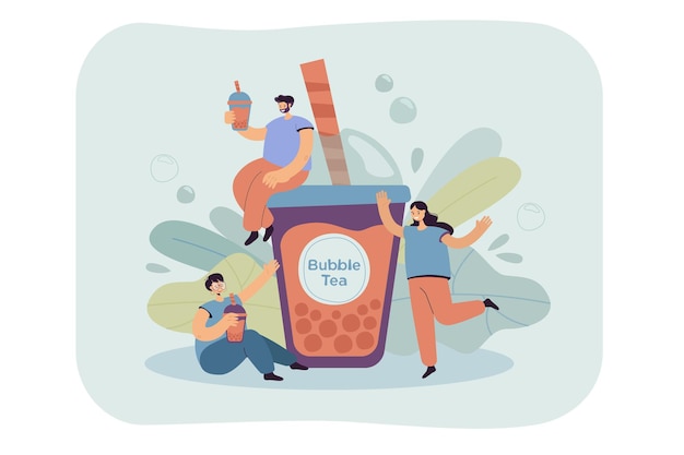 Positive tiny people drinking bubble tea isolated flat  illustration.