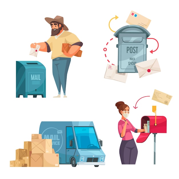 Free Vector post office 4 cartoon compositions dropping letter in mailbox postal service vehicle american style letterbox illustration