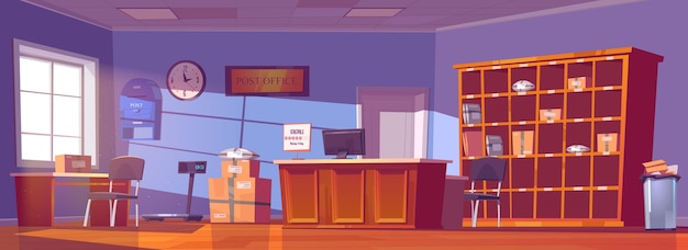 Post office, service for delivery and storage mail, parcels, orders and newspapers. cartoon interior of postal with counter desk, cardboard boxes and letters on shelves, mailbox