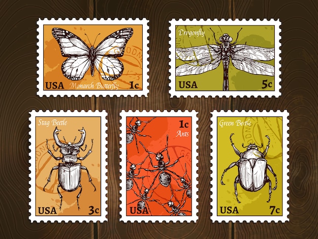 Free Vector postage stamps with insects sketches set