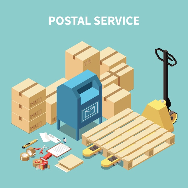 Free vector postal service isometric composition with cardboard boxes and stationery objects