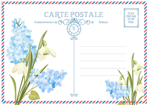 Postcard with post stamps and flowers. Vector illustrtion.