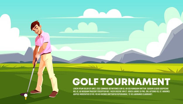 poster, a banner of a golf tournament. Man playing on green grass. 