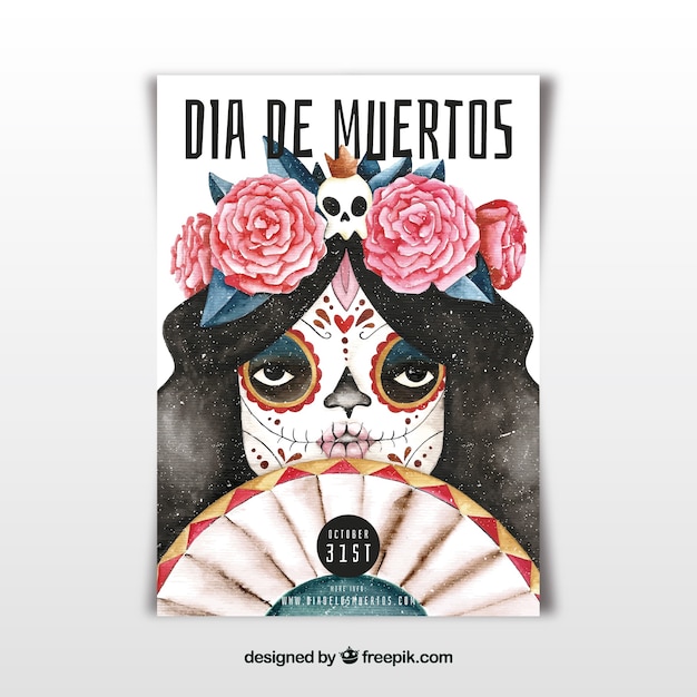 Free Vector poster of deads' day with watercolor catrina