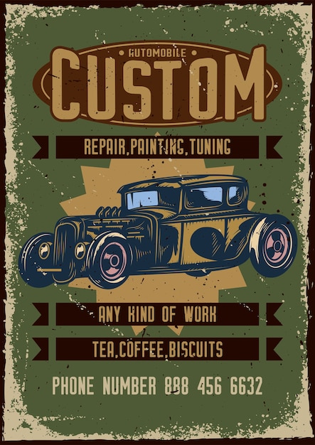 Poster design with illustration of advertising of custom car service