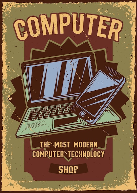 Free vector poster design with illustration of a computer with a cell phone