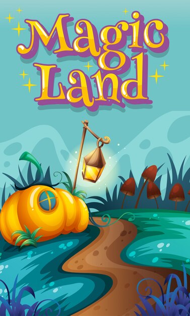 Poster design with word magic land and garden in background