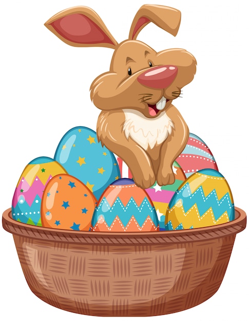 Poster  for easter with easter bunny and painted eggs in basket