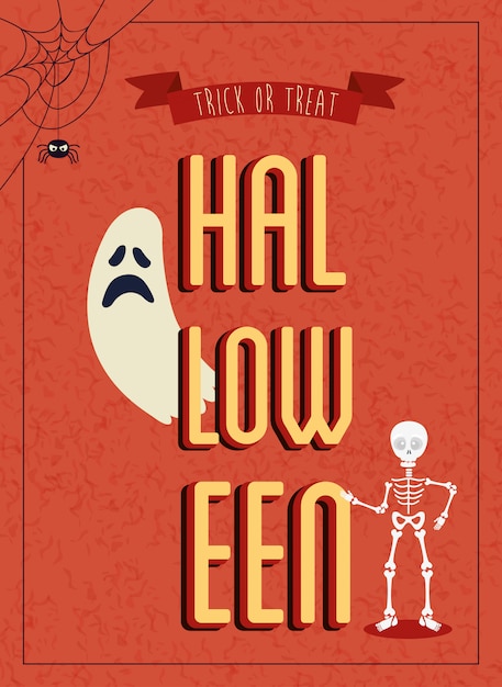 Free Vector poster of halloween with ghost with skeleton