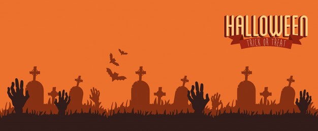 Poster halloween with hands zombie in cemetery