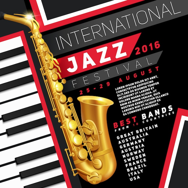 Poster for jazz festival with golden saxophone and piano keys 