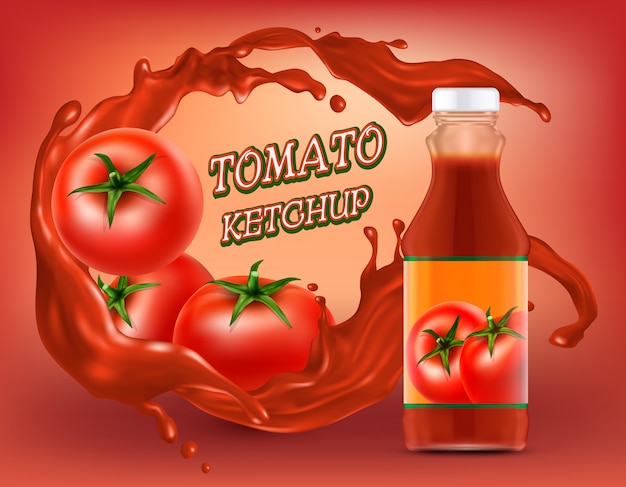 Poster of ketchup in plastic or glass bottle with splashing of shredded tomato