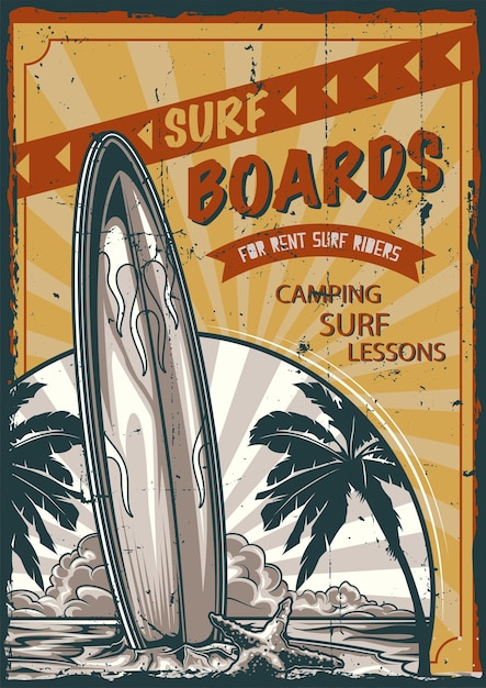 Free Vector poster label design with illustration of surfing board standing on the beach with palms and sunset