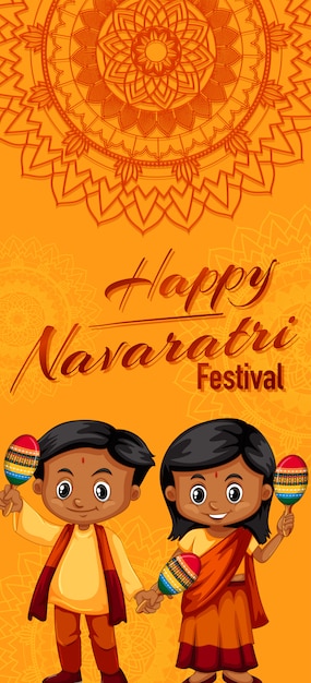 Poster for Navaratri with two kids shaking maracas