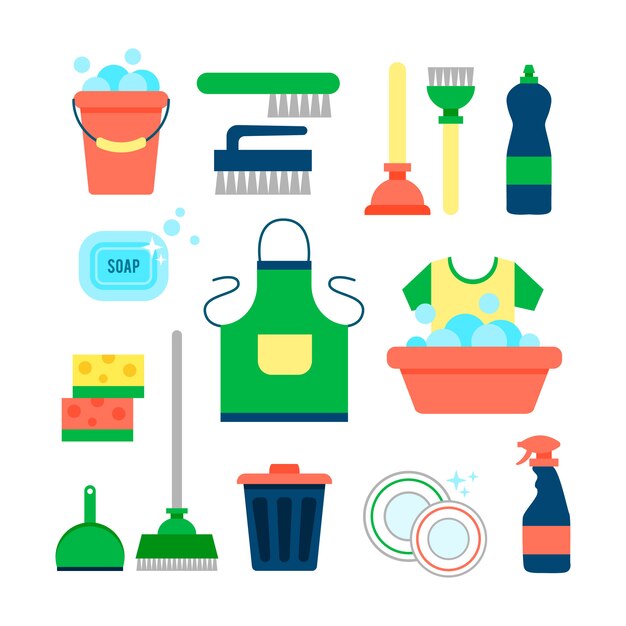 Poster template for house cleaning services with various cleaning items