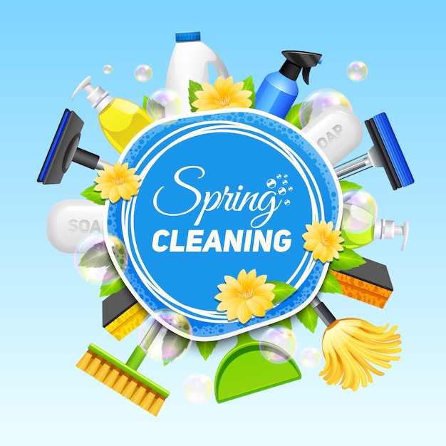 Free Vector poster with composition of different tools for cleaning service colored on blue background vector