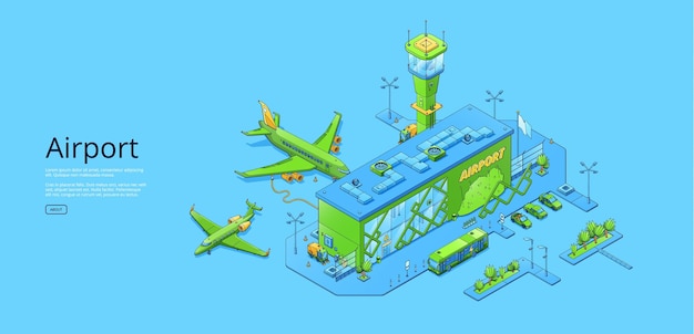 Poster with isometric airport terminal and planes