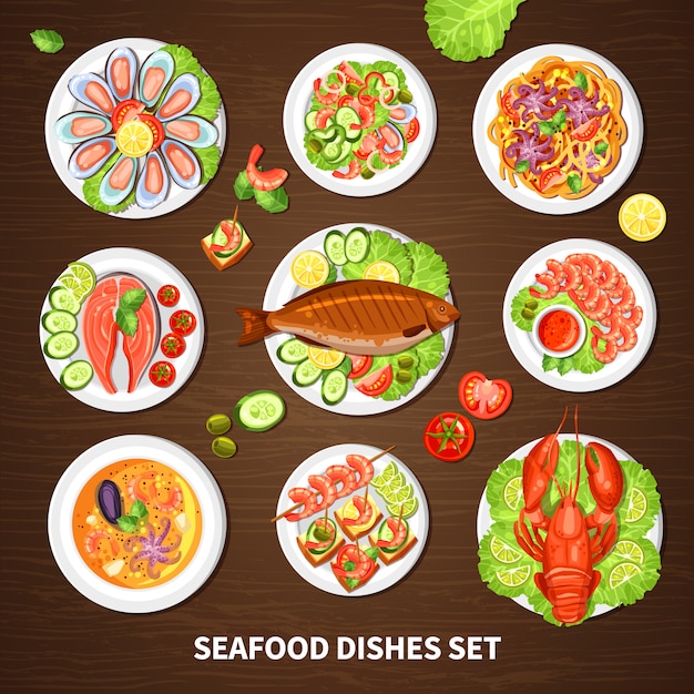 Poster With Seafood Dishes Set