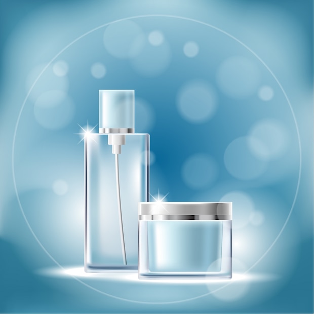 Poster with transparent cosmetic containers on a blue background with bokeh effect