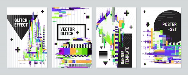 Free Vector posters set with glitch effect