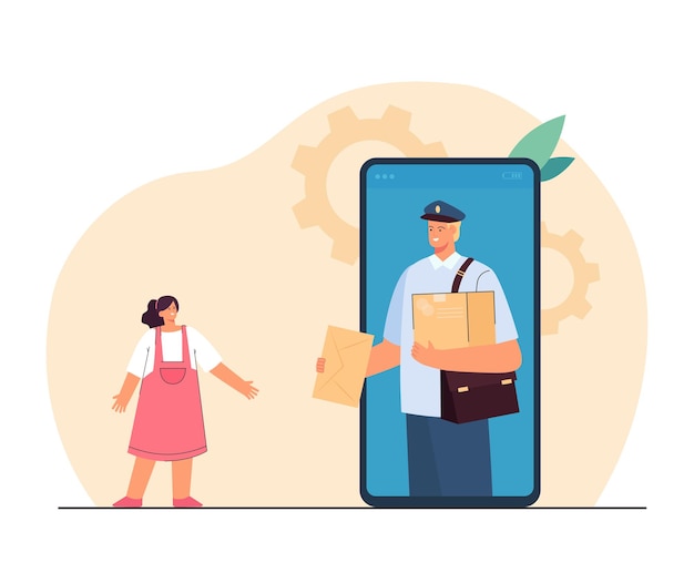 Postman on big phone screen delivering letter to little girl. Delivery man holding envelope flat vector illustration. Mail or email, technology concept for banner, website design or landing web page